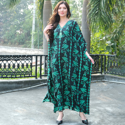 Black and Green Ivy Embellished Silk Full Length Kaftan