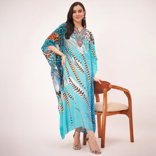 Turquoise Leaf Print Embellished Silk Full Length Kaftan