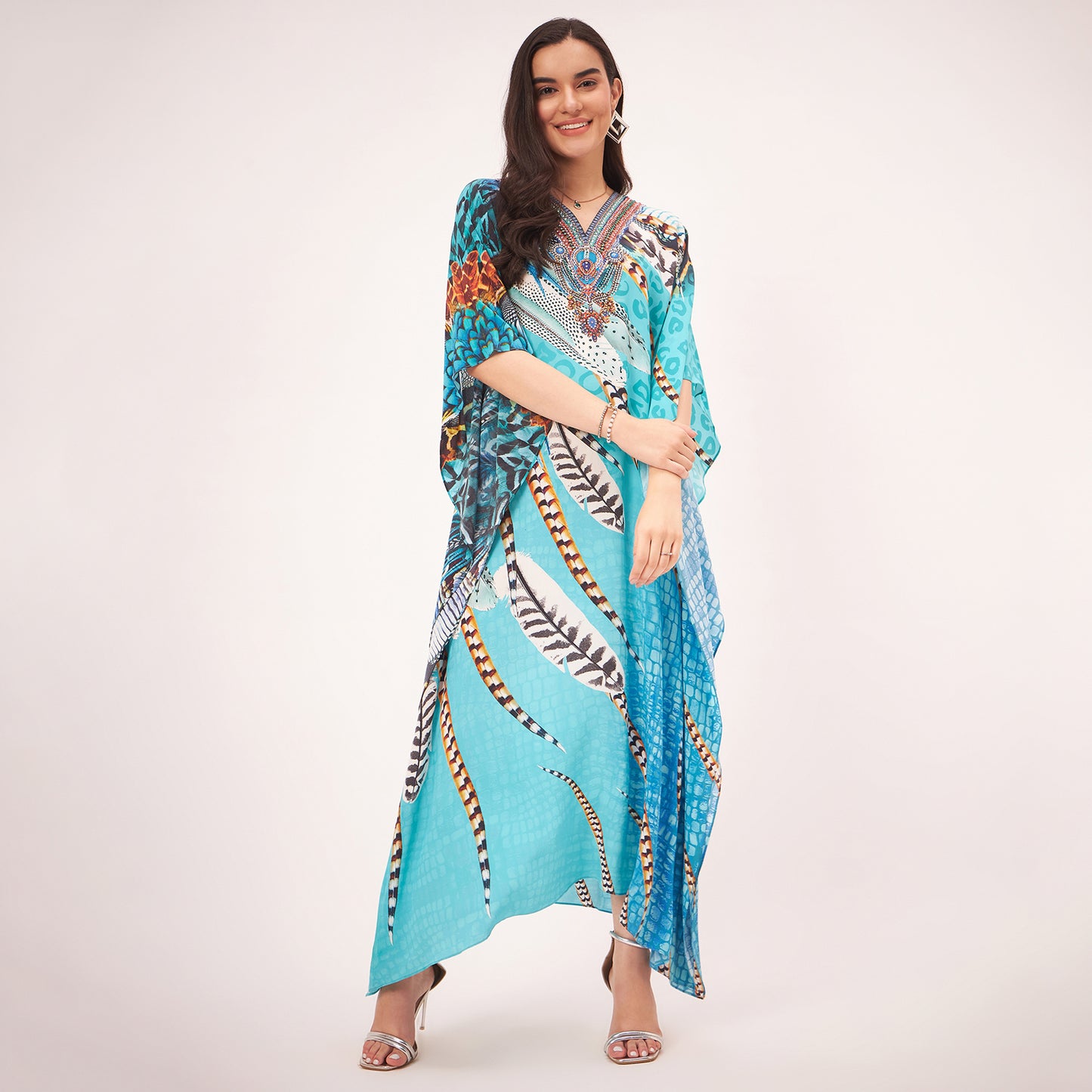 Turquoise Leaf Print Embellished Silk Full Length Kaftan