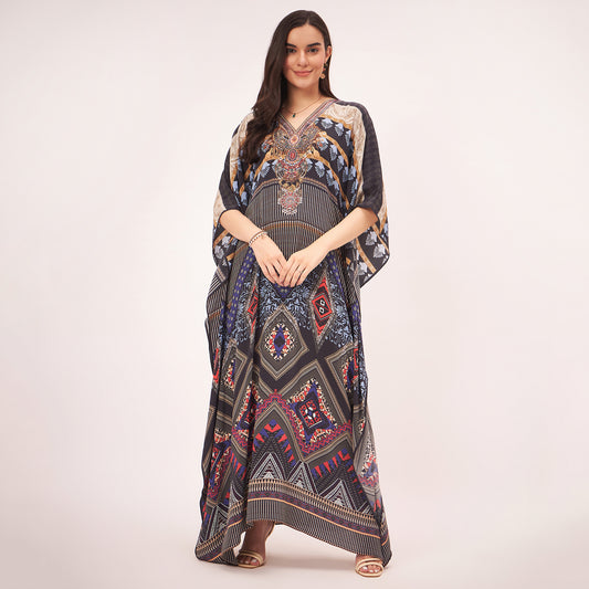 Black and Blue Geometric Print Embellished Silk Full Length Kaftan