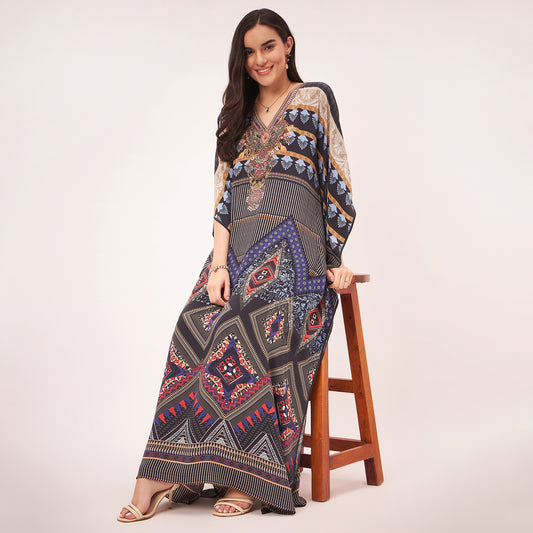 Black and Blue Geometric Print Embellished Silk Full Length Kaftan