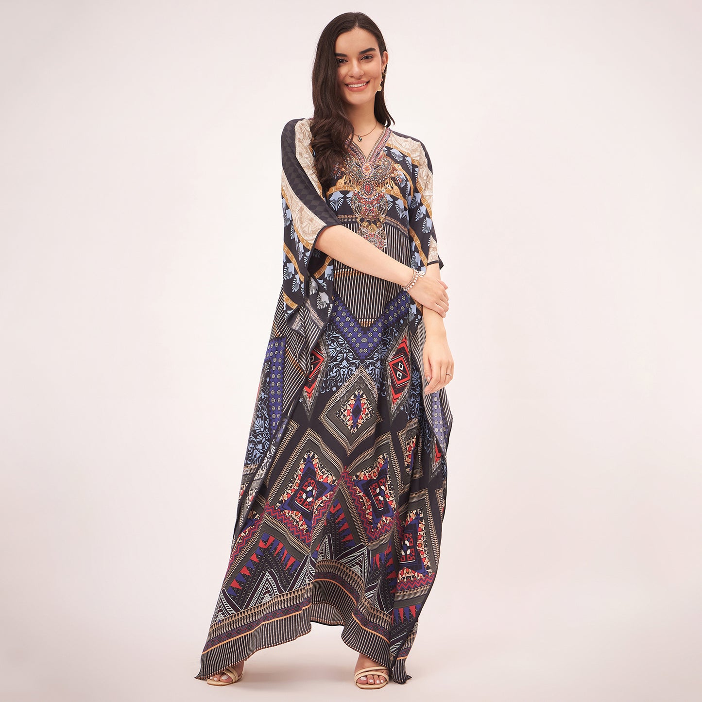 Black and Blue Geometric Print Embellished Silk Full Length Kaftan