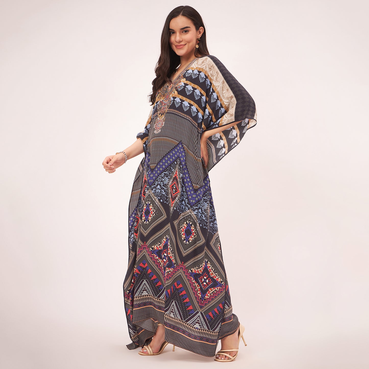 Black and Blue Geometric Print Embellished Silk Full Length Kaftan