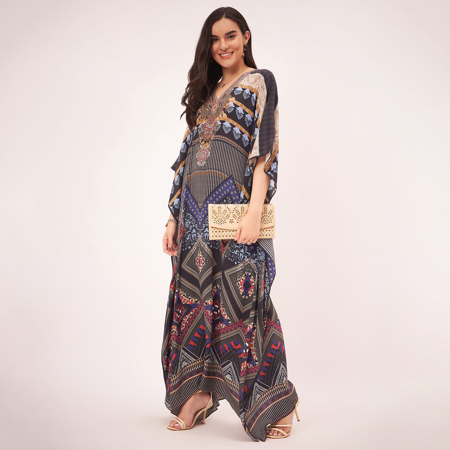 Black and Blue Geometric Print Embellished Silk Full Length Kaftan