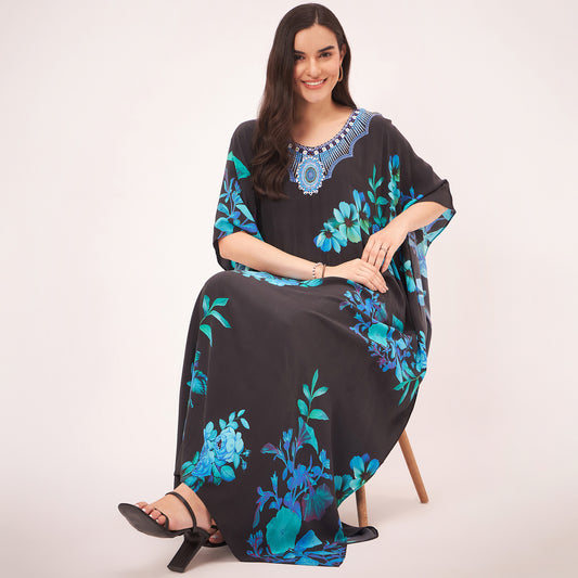 Black and Blue Floral Print Embellished Silk Full Length Kaftan