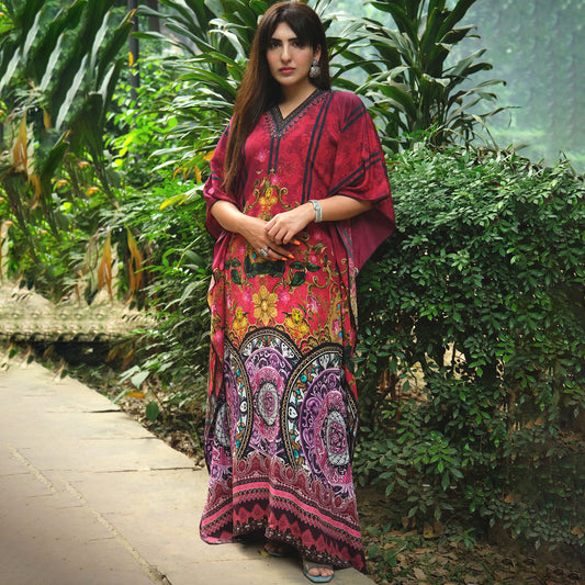 Red and Black Baroque Print Embellished Silk Full Length Kaftan