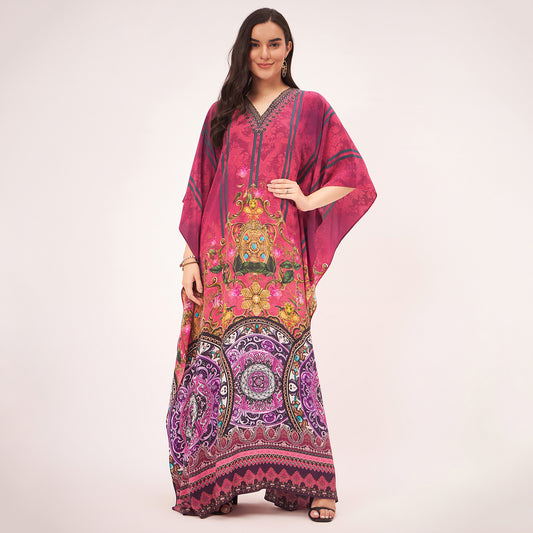 Red and Black Baroque Print Embellished Silk Full Length Kaftan