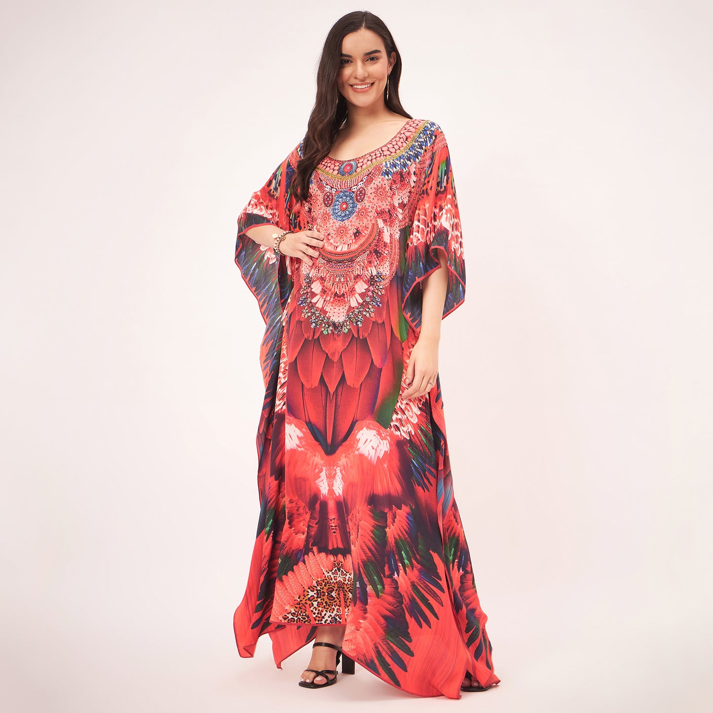 Red and Black Tribal Embellished Silk Full Length Kaftan