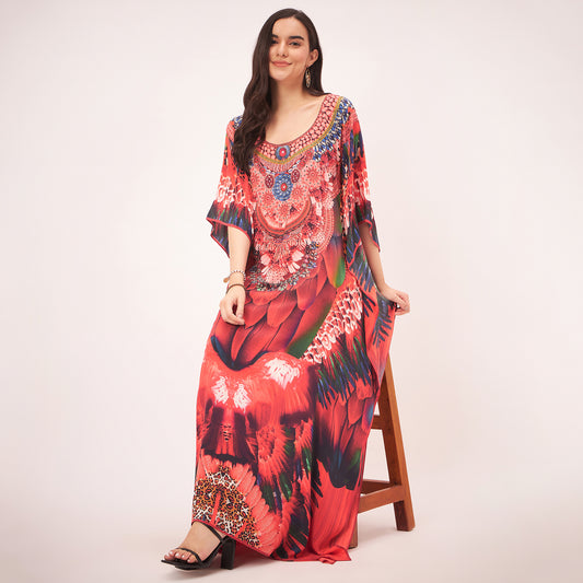 Red and Black Tribal Embellished Silk Full Length Kaftan