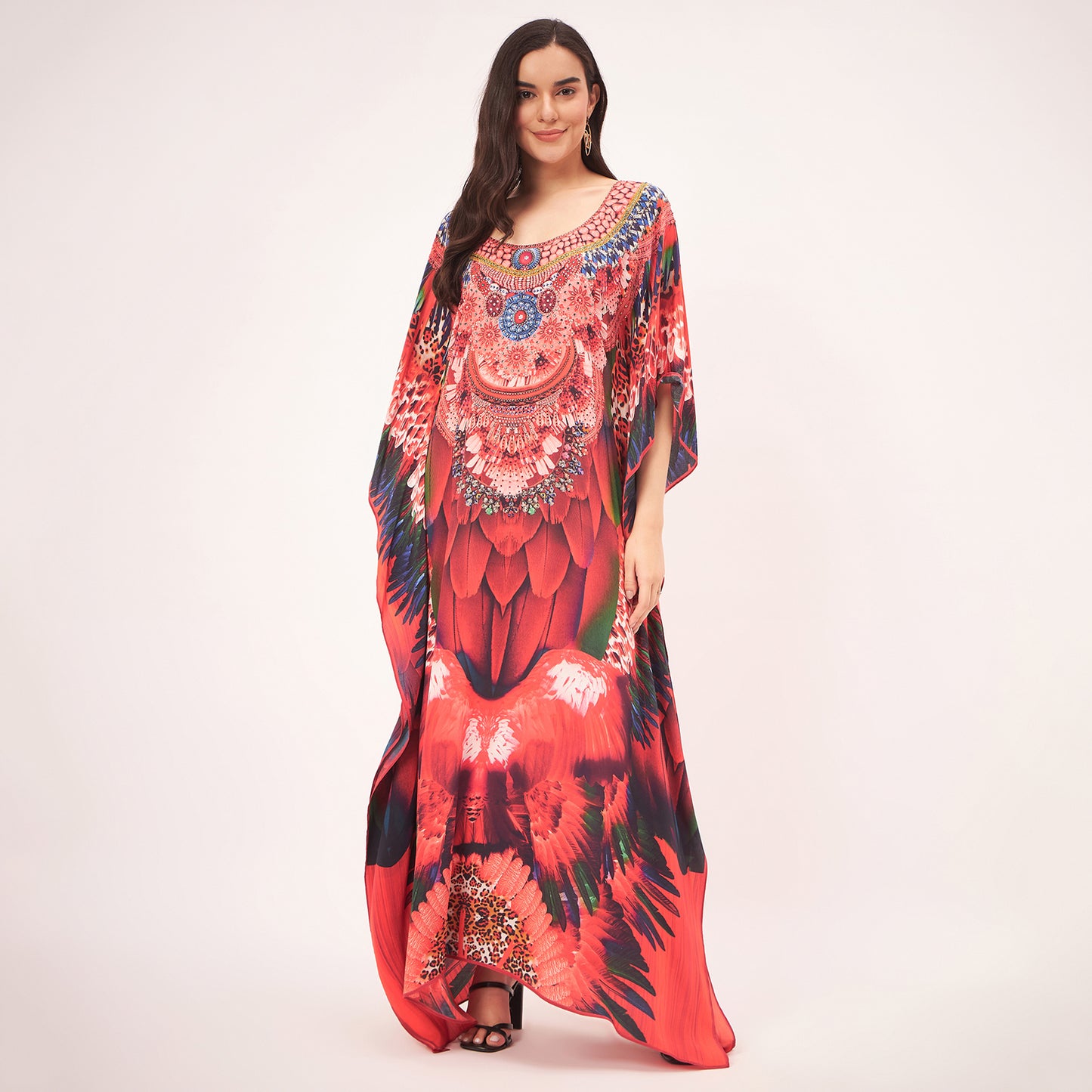 Red and Black Tribal Embellished Silk Full Length Kaftan