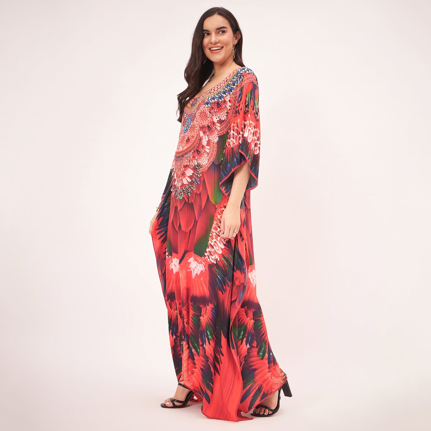 Red and Black Tribal Embellished Silk Full Length Kaftan