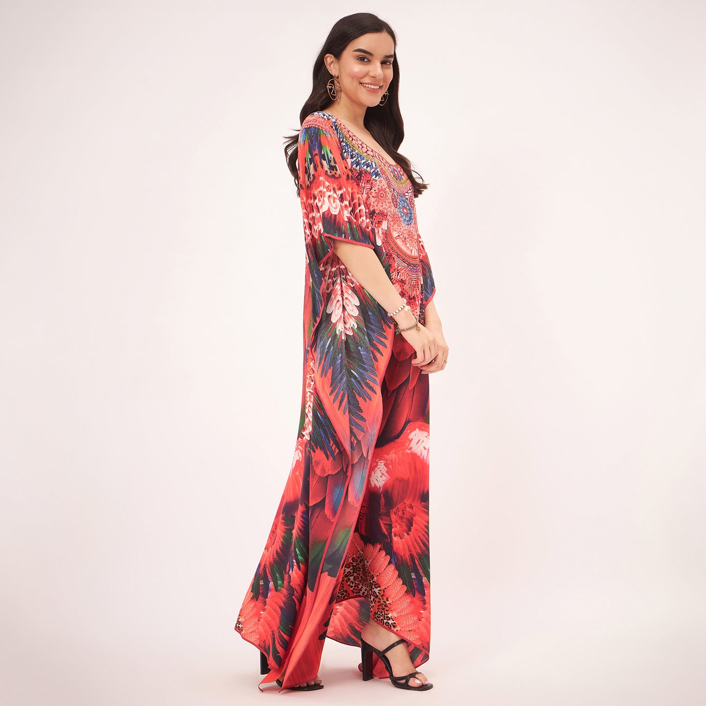 Red and Black Tribal Embellished Silk Full Length Kaftan