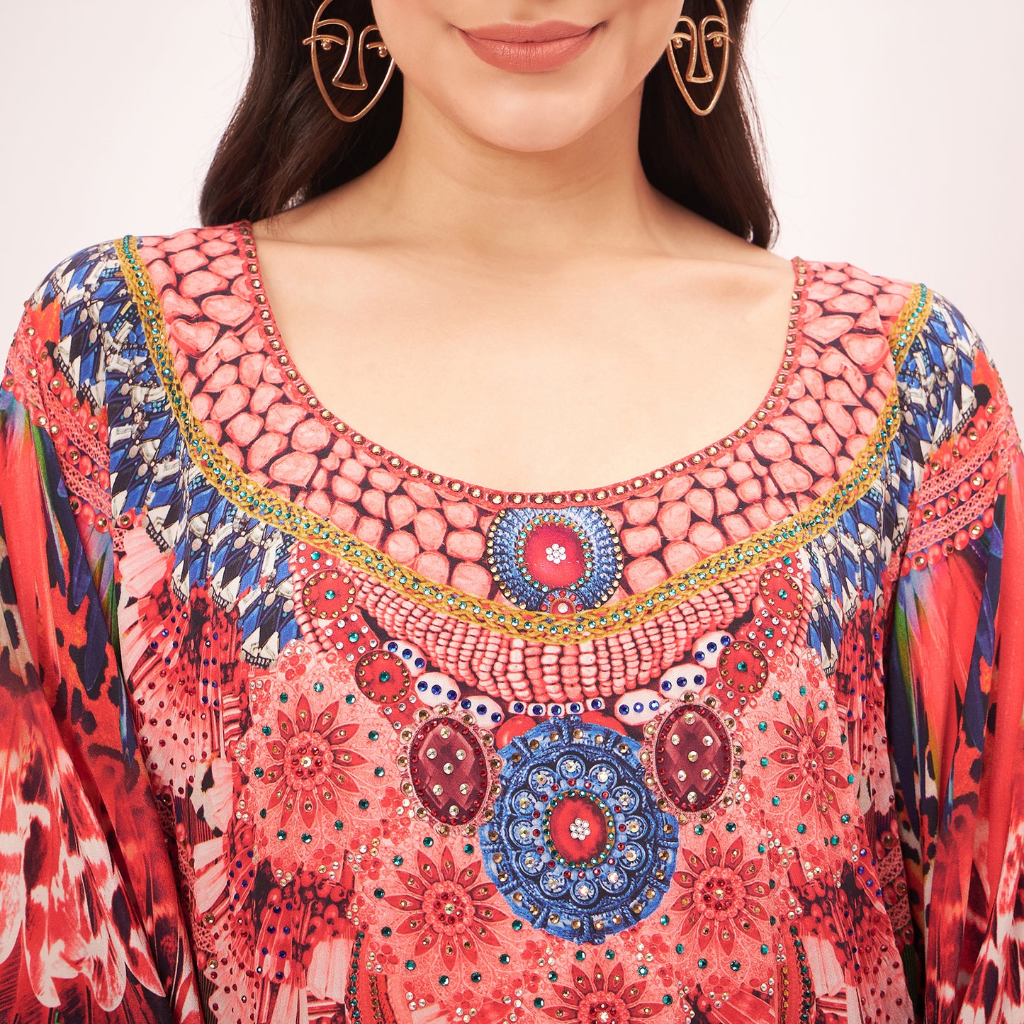 Red and Black Tribal Embellished Silk Full Length Kaftan