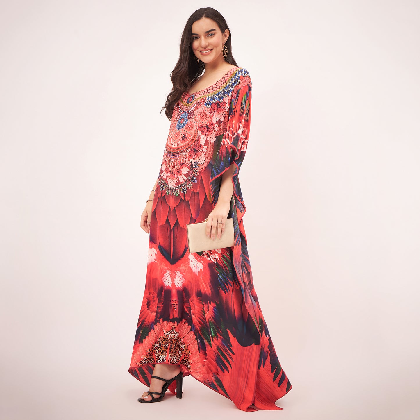 Red and Black Tribal Embellished Silk Full Length Kaftan
