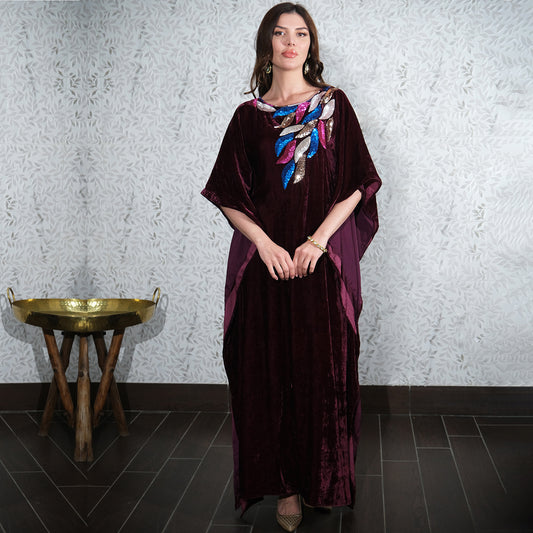 Wine Embroidered Silk Velvet Full Length Kaftan