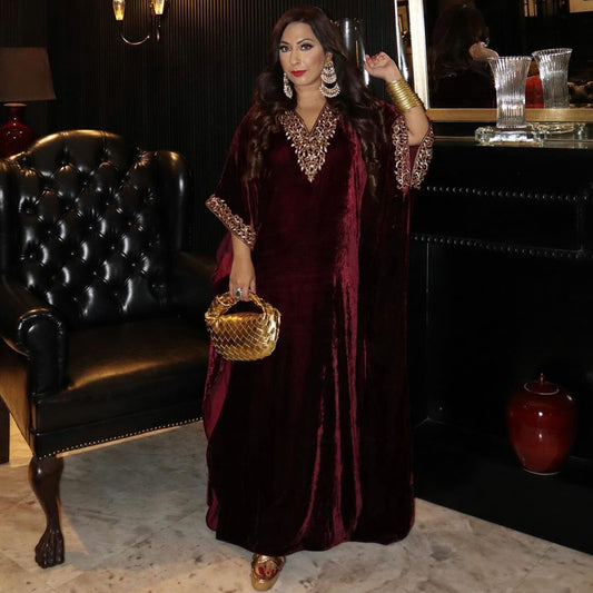 Maroon Embroidered Silk Velvet Full Length Kaftan
