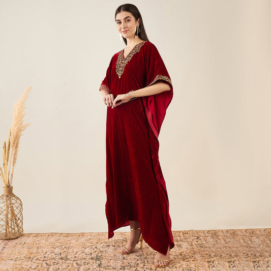 Red Embroidered Silk Velvet Full Length Kaftan