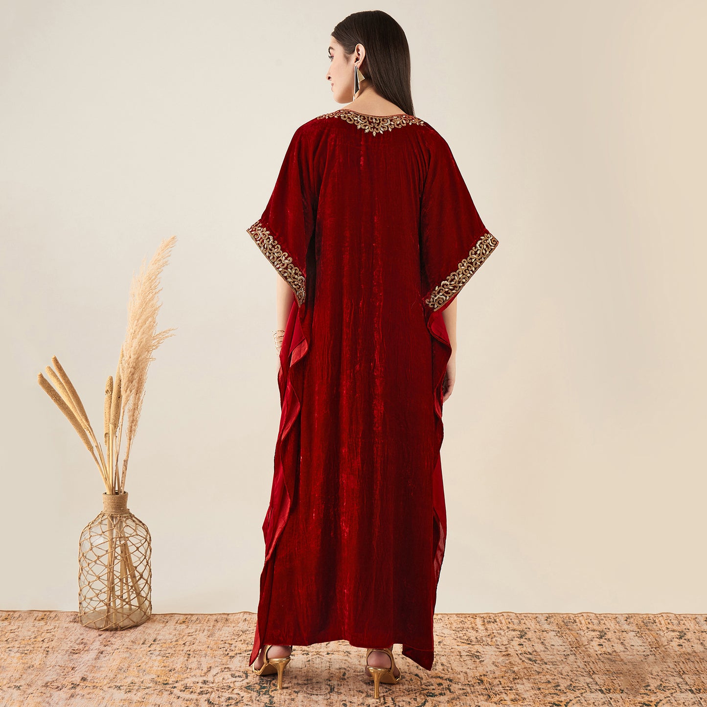 Red Embroidered Silk Velvet Full Length Kaftan