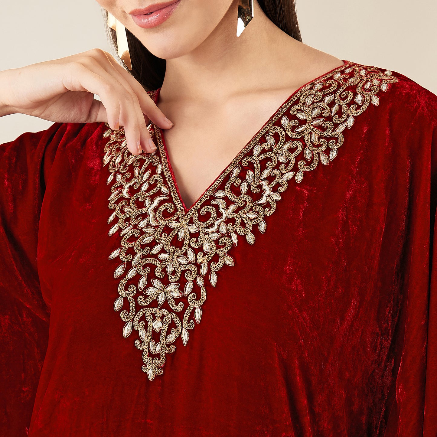 Red Embroidered Silk Velvet Full Length Kaftan
