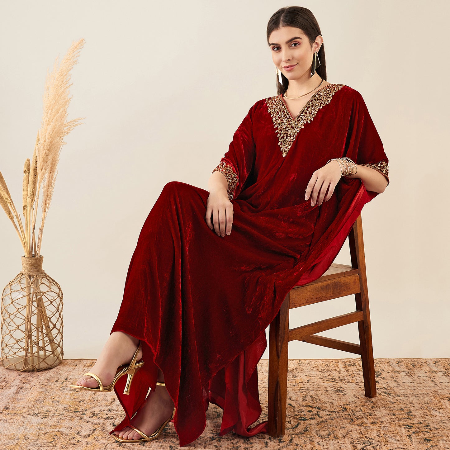 Red Embroidered Silk Velvet Full Length Kaftan
