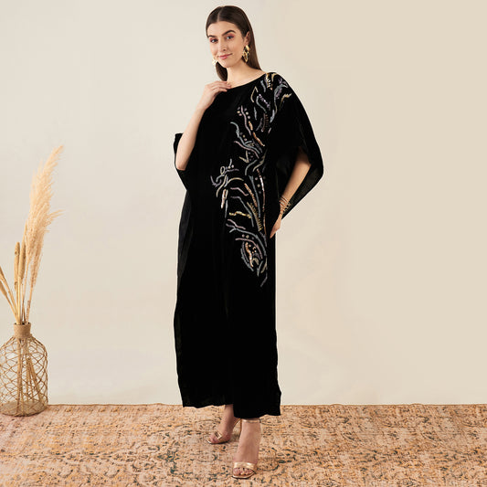 Black Embroidered Silk Velvet Full Length Kaftan