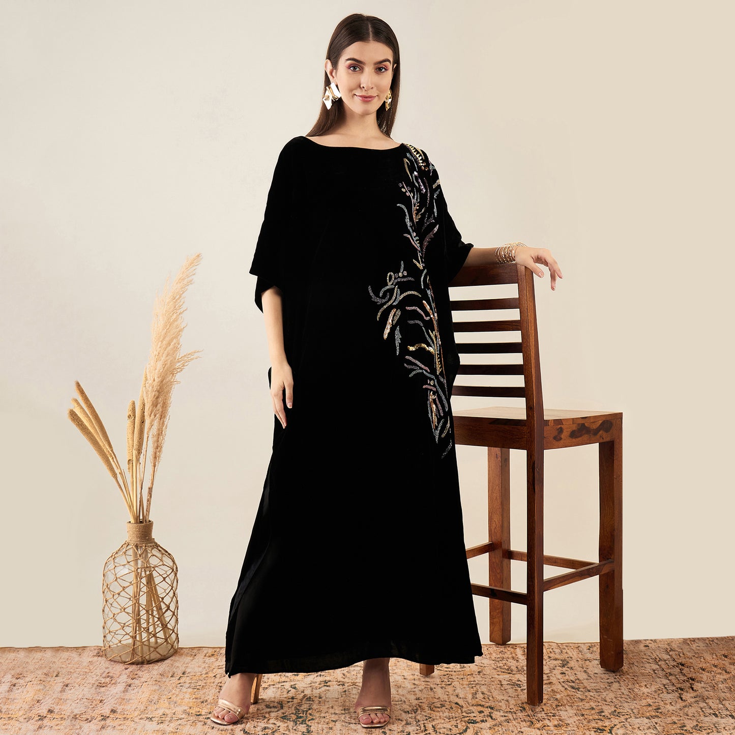 Black Embroidered Silk Velvet Full Length Kaftan