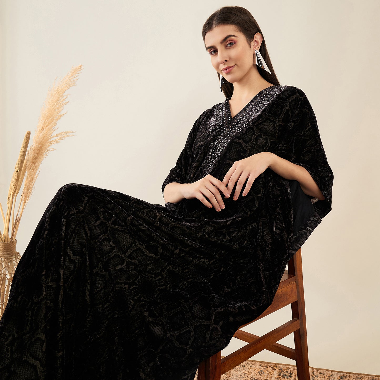 Grey Animal Print Embellished Silk Velvet Full Length Kaftan