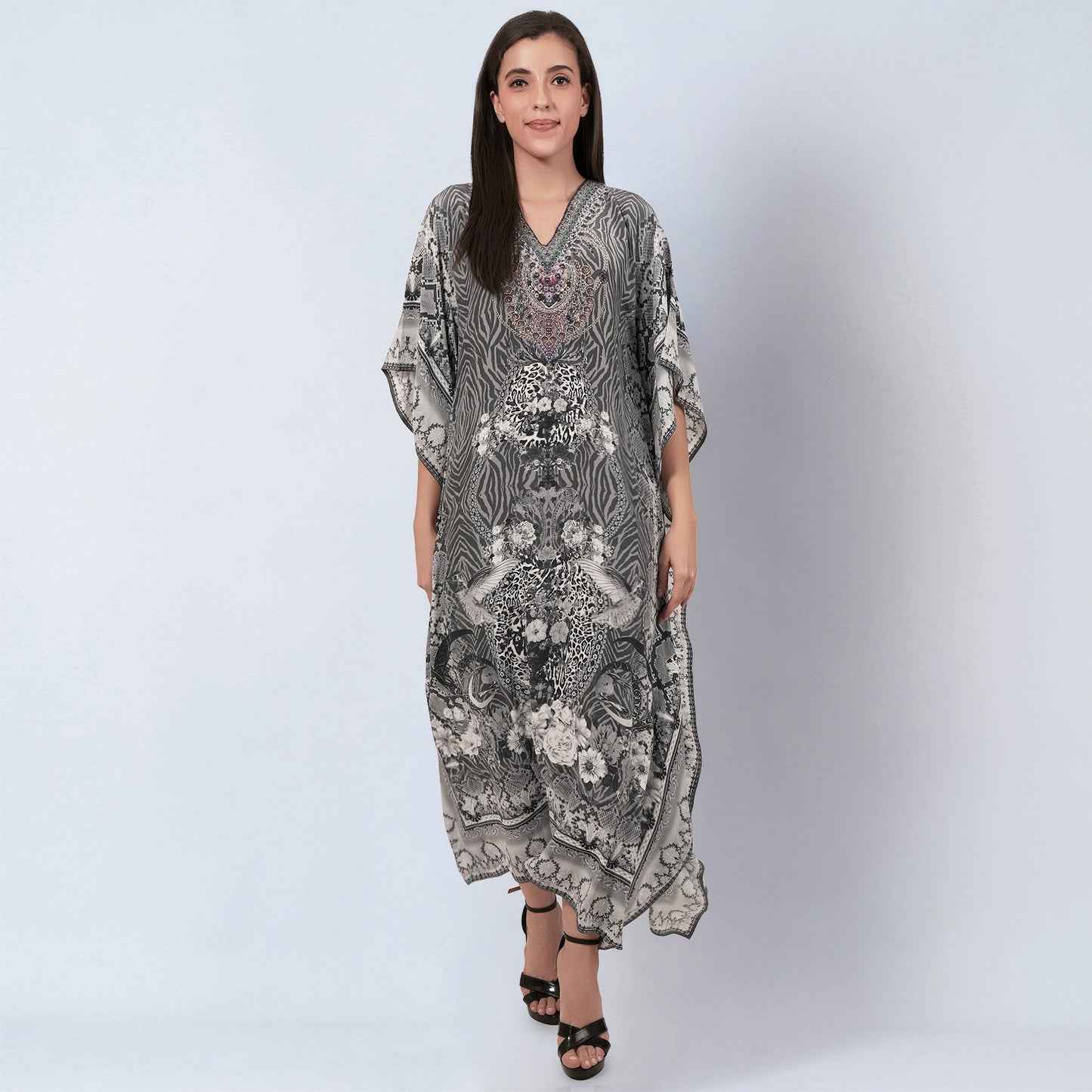 Grey Embellished Silk Full Length Kaftan