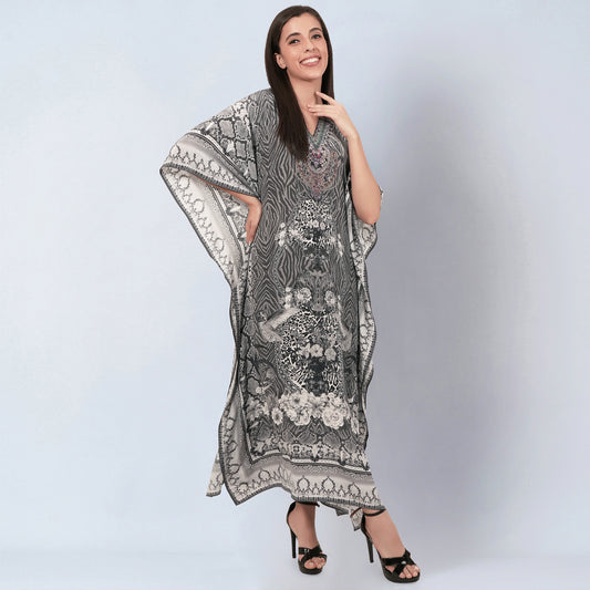 Grey Embellished Silk Full Length Kaftan