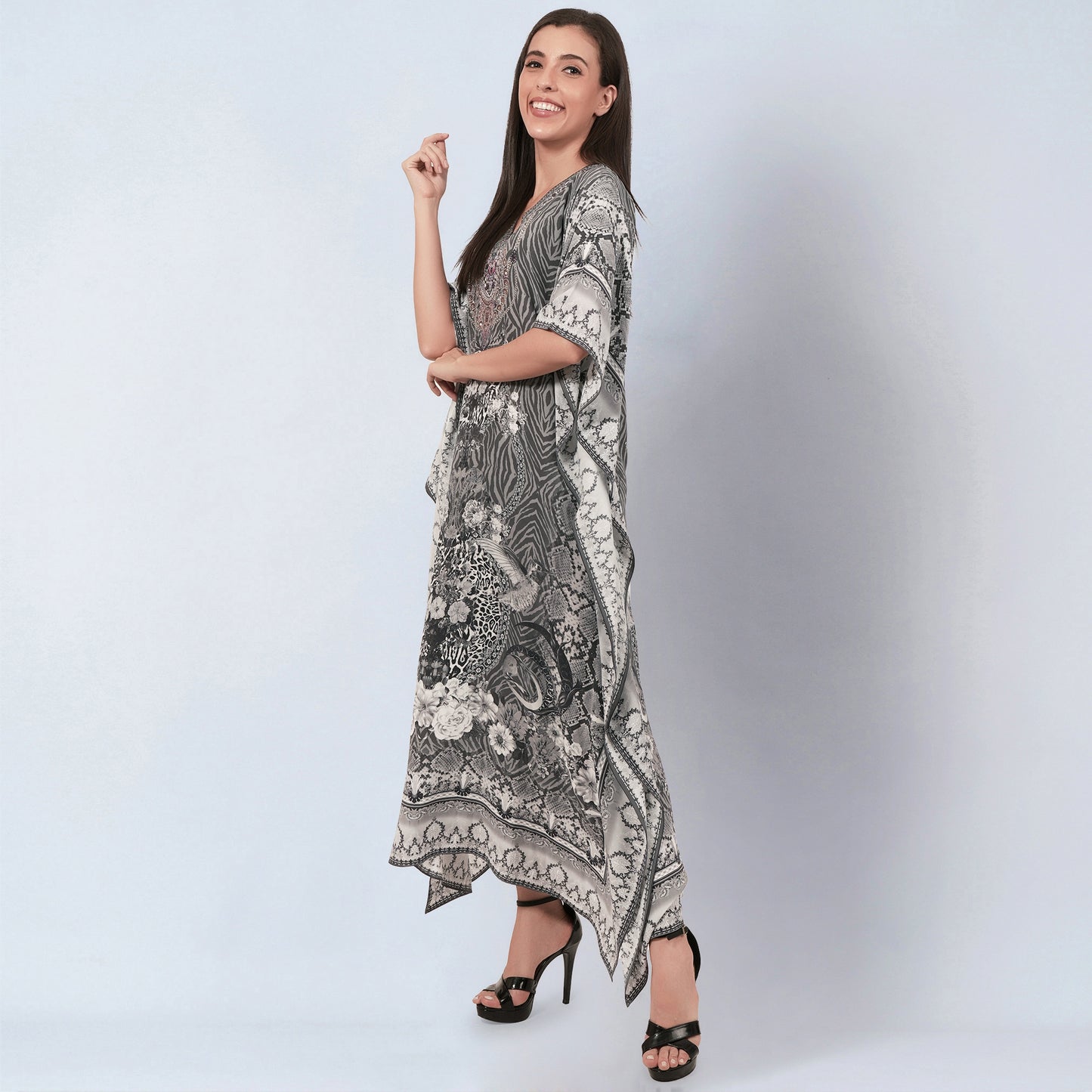 Grey Embellished Silk Full Length Kaftan