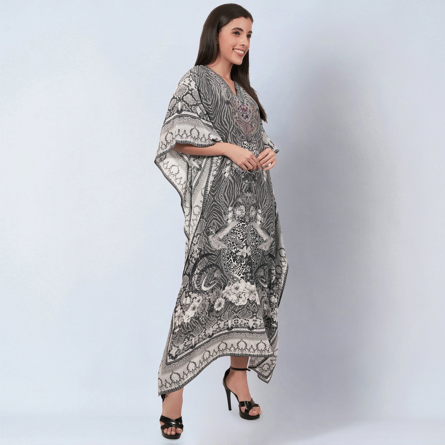 Grey Embellished Silk Full Length Kaftan