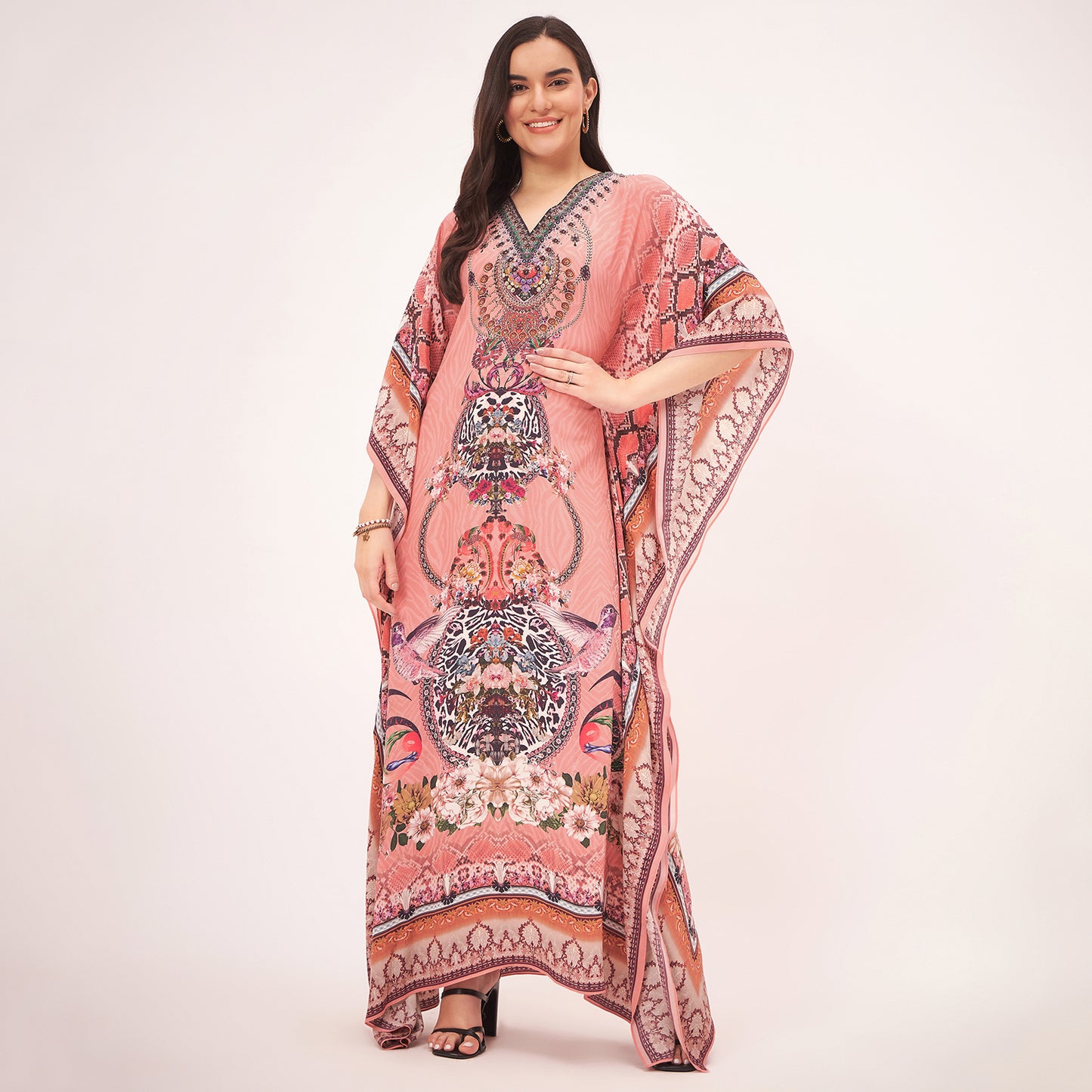 Peach Embellished Silk Full Length Kaftan