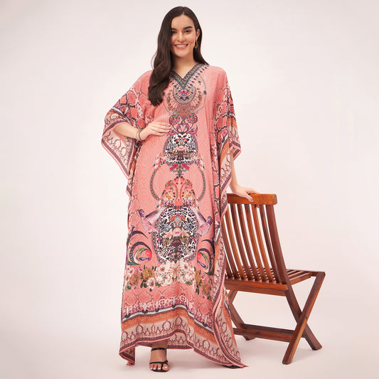 Peach Embellished Silk Full Length Kaftan