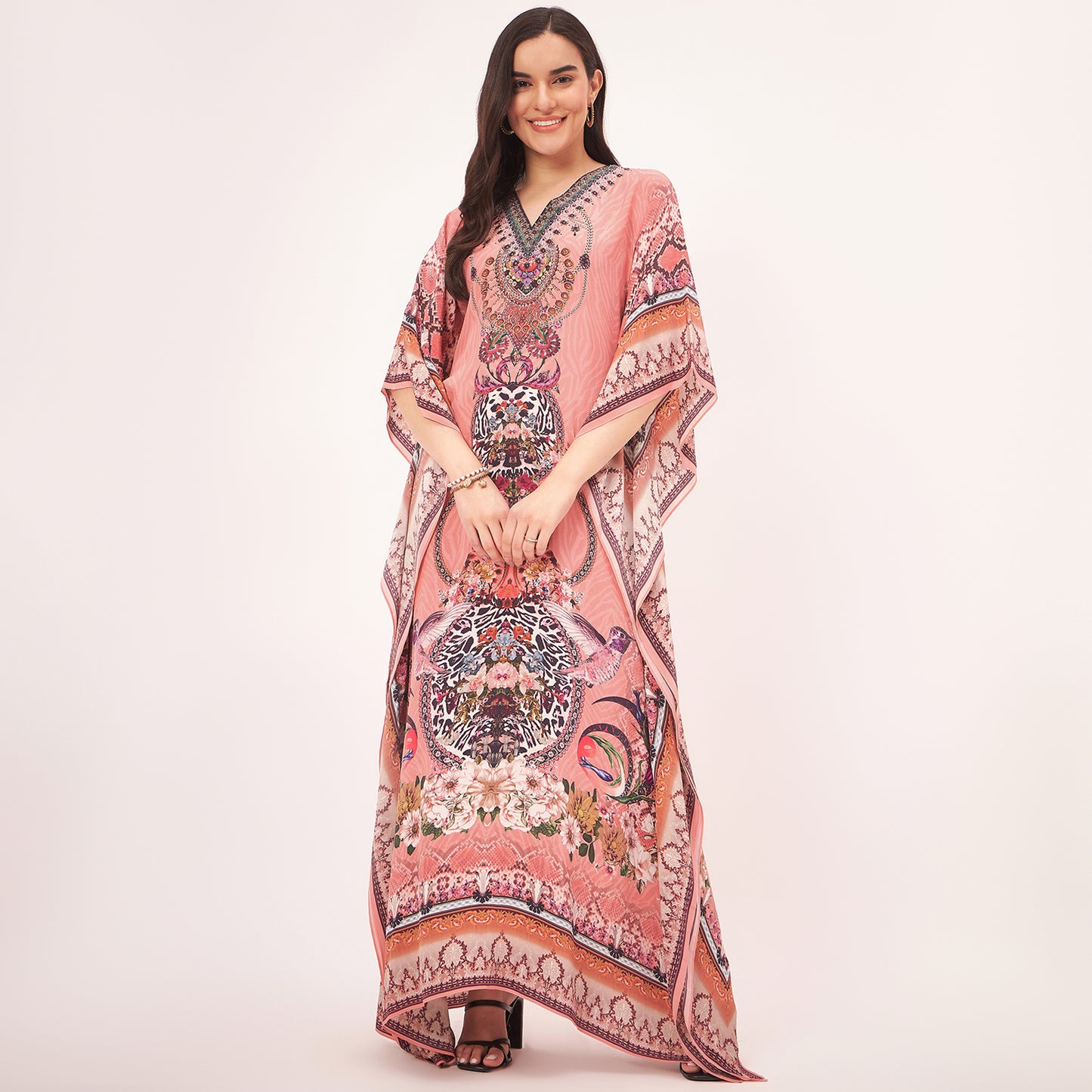 Peach Embellished Silk Full Length Kaftan