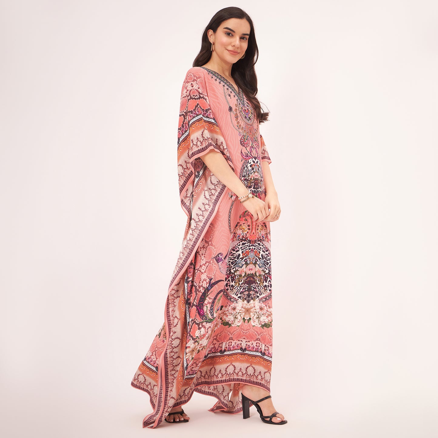 Peach Embellished Silk Full Length Kaftan