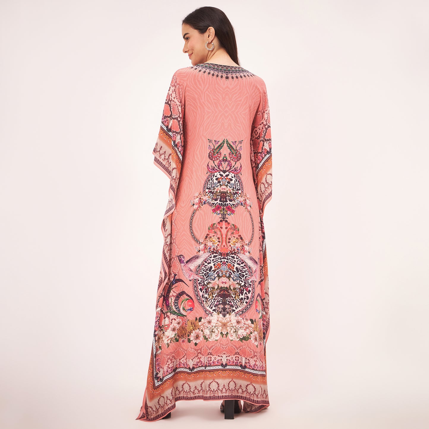 Peach Embellished Silk Full Length Kaftan