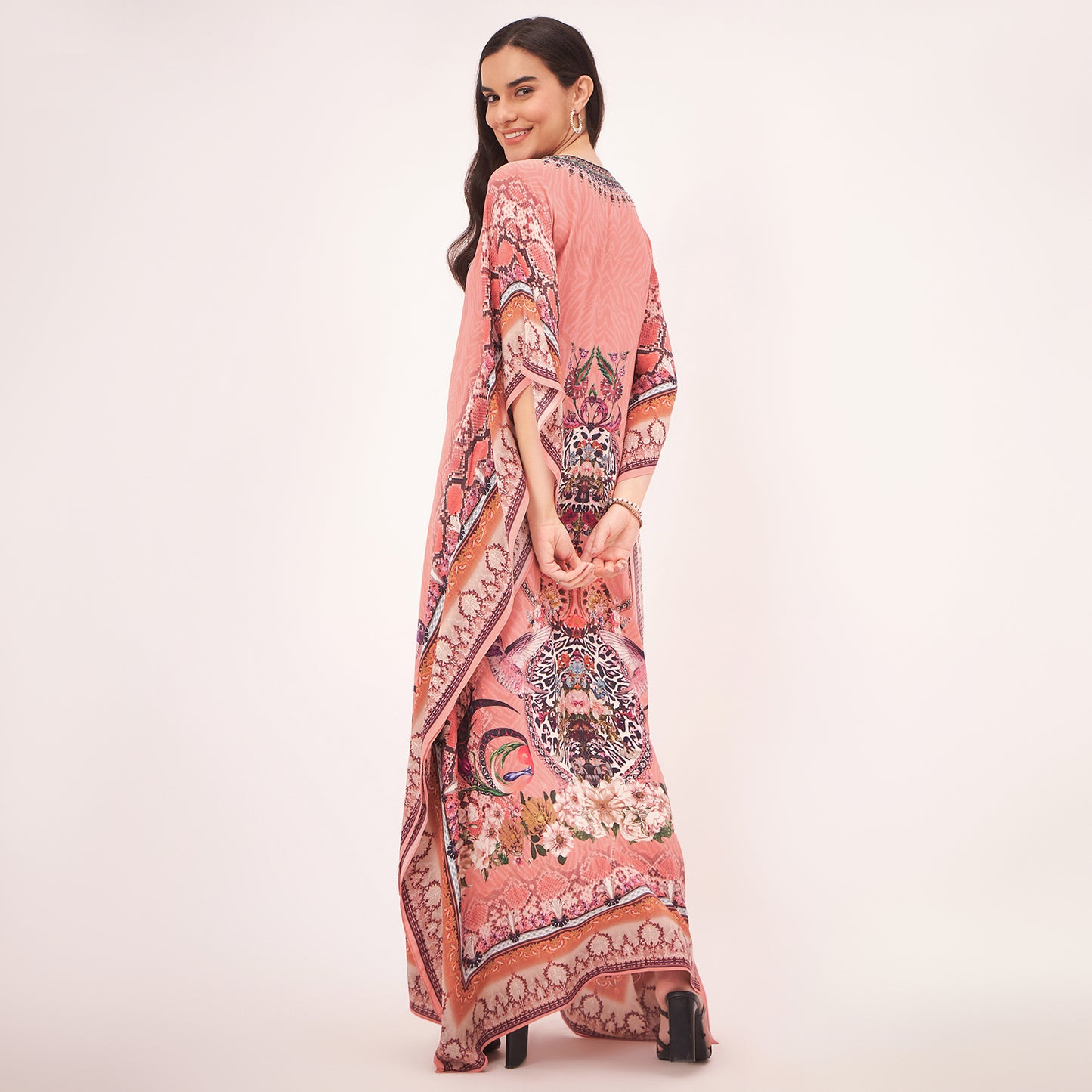 Peach Embellished Silk Full Length Kaftan