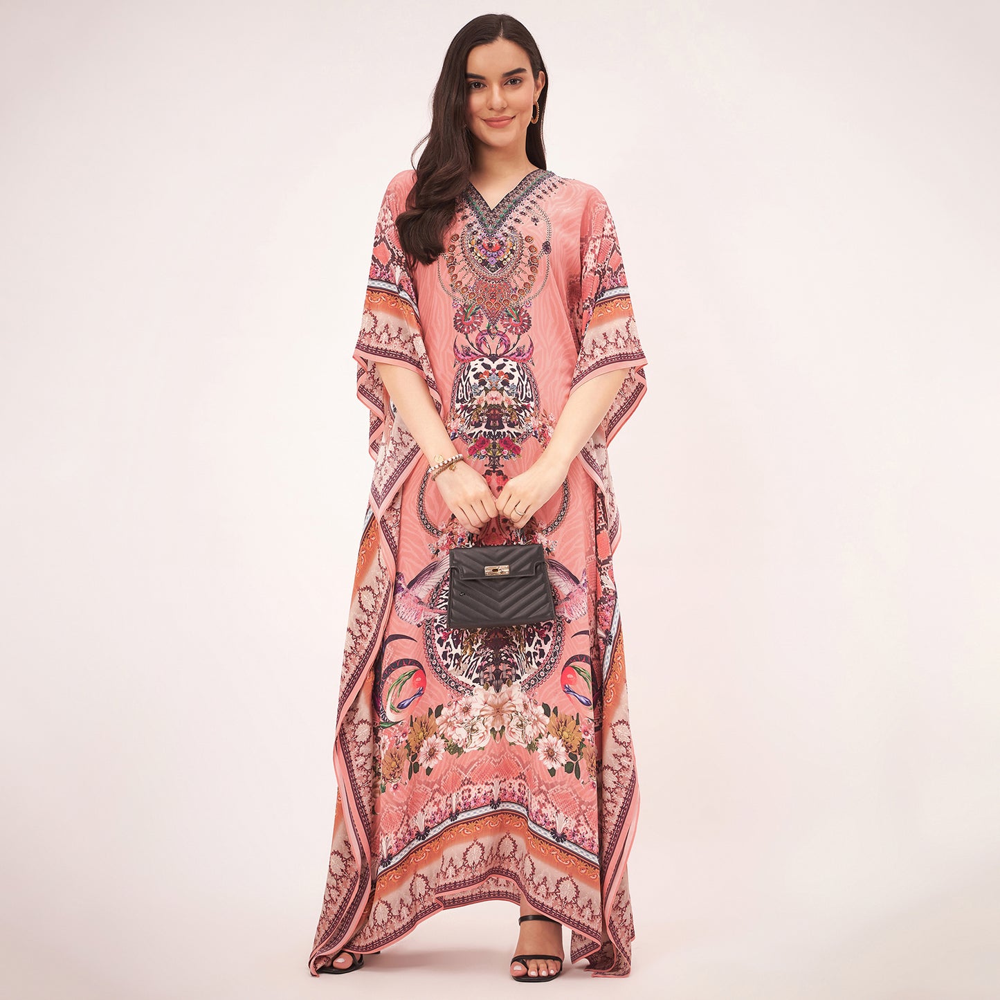 Peach Embellished Silk Full Length Kaftan