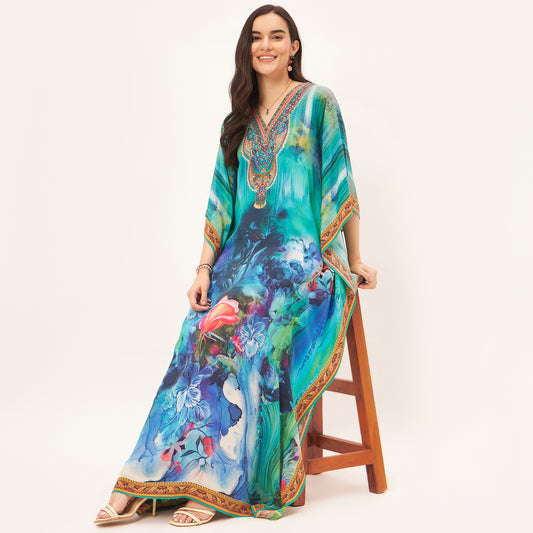 Blue and Green Floral Embellished Full Length Kaftan