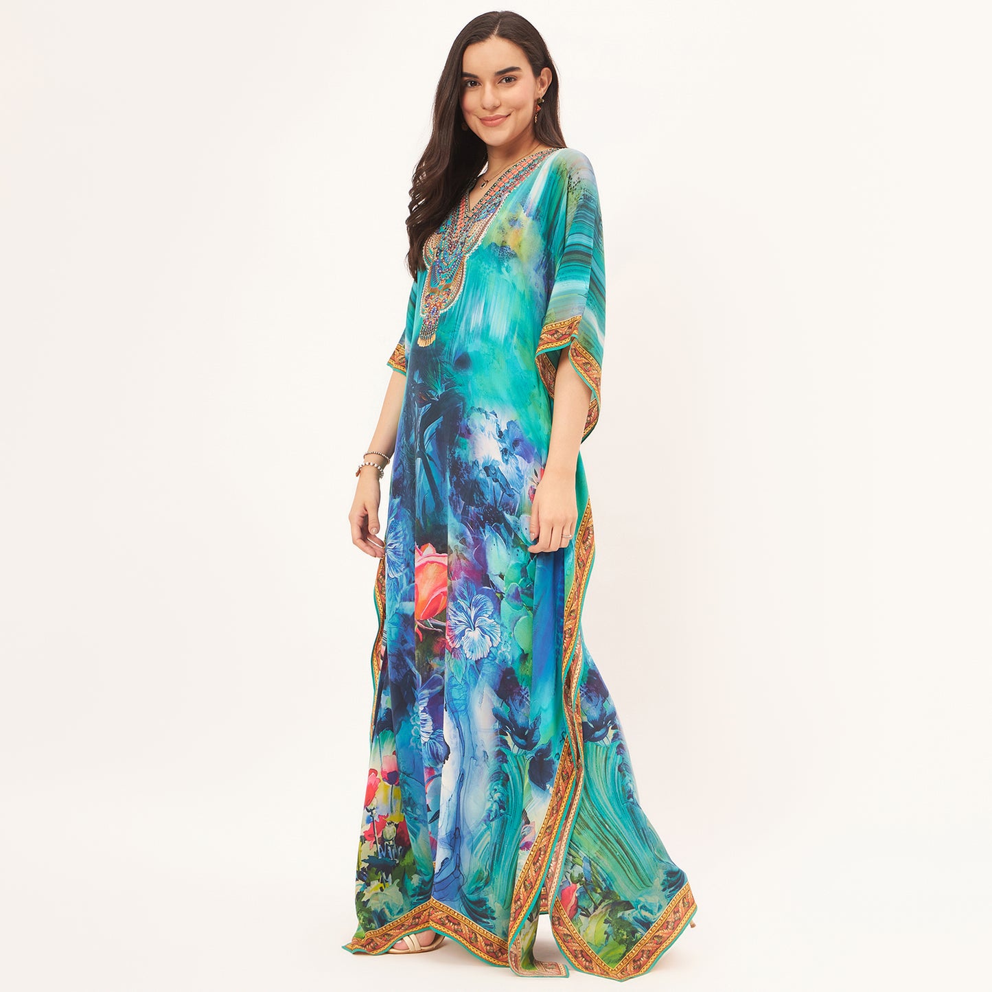 Blue and Green Floral Embellished Full Length Kaftan