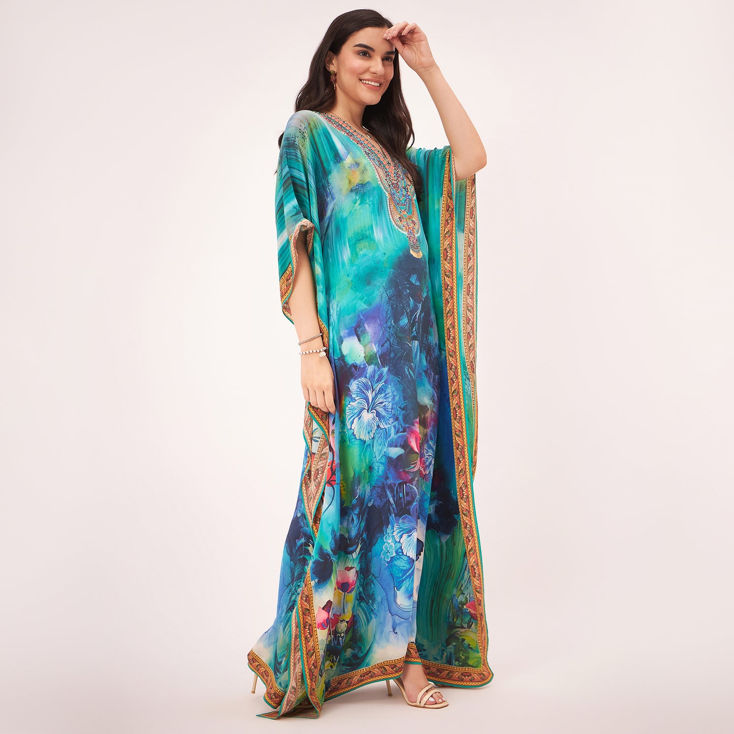 Blue and Green Floral Embellished Full Length Kaftan
