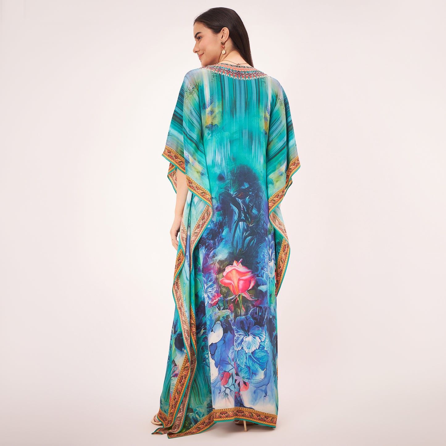 Blue and Green Floral Embellished Full Length Kaftan