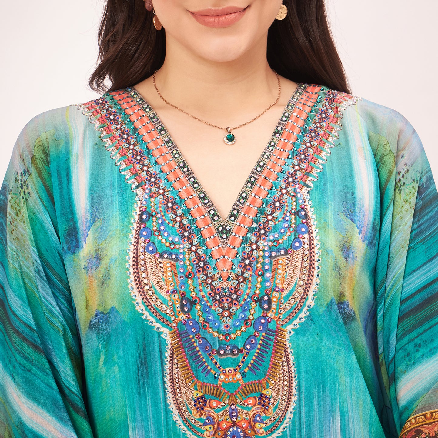 Blue and Green Floral Embellished Full Length Kaftan
