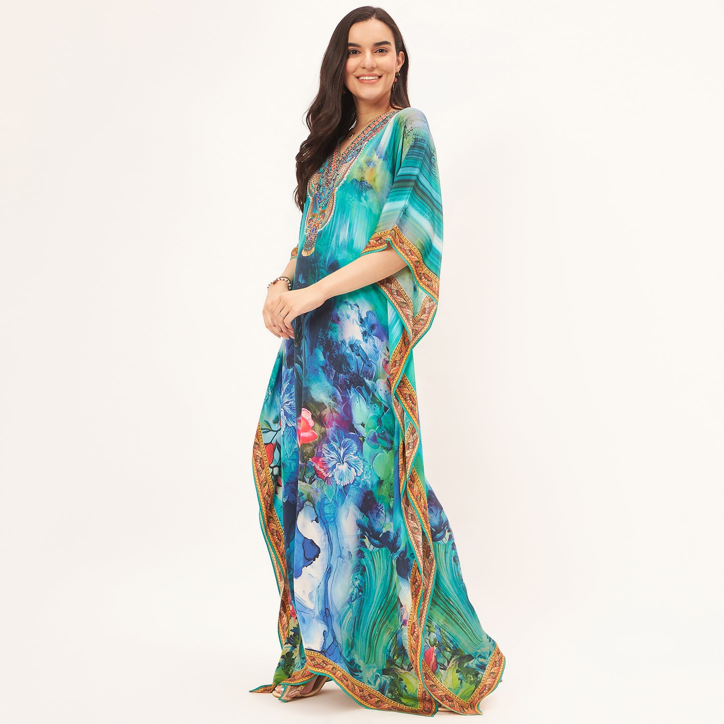 Blue and Green Floral Embellished Full Length Kaftan