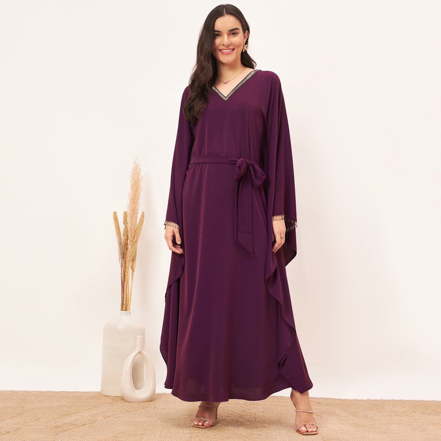 Purple Embroidered Neckline Full Length Kaftan with Belt