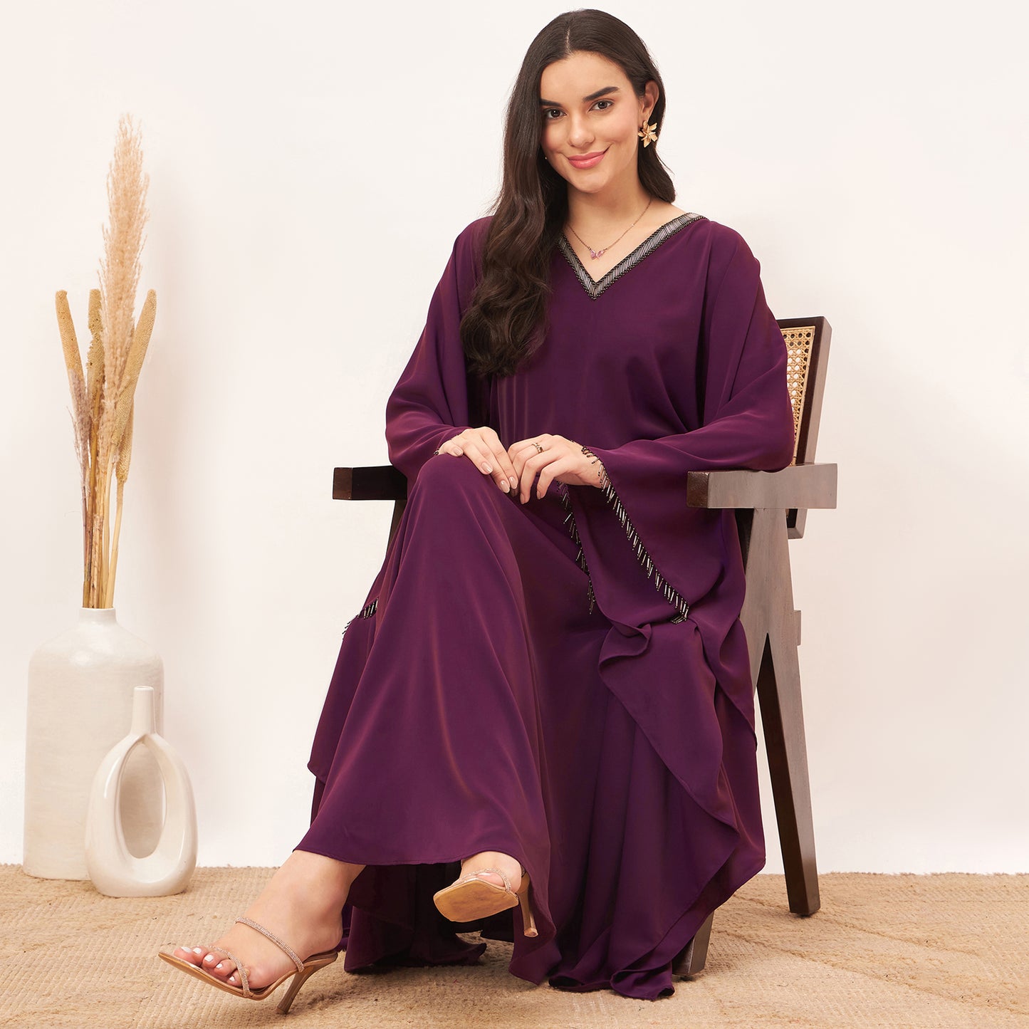 Purple Embroidered Neckline Full Length Kaftan with Belt