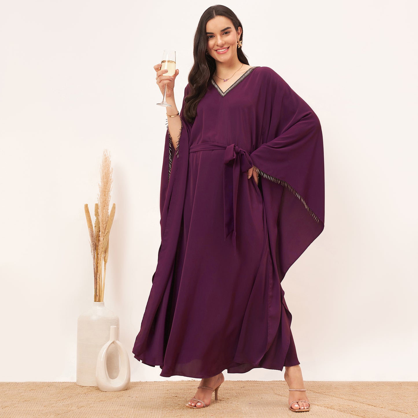 Purple Embroidered Neckline Full Length Kaftan with Belt