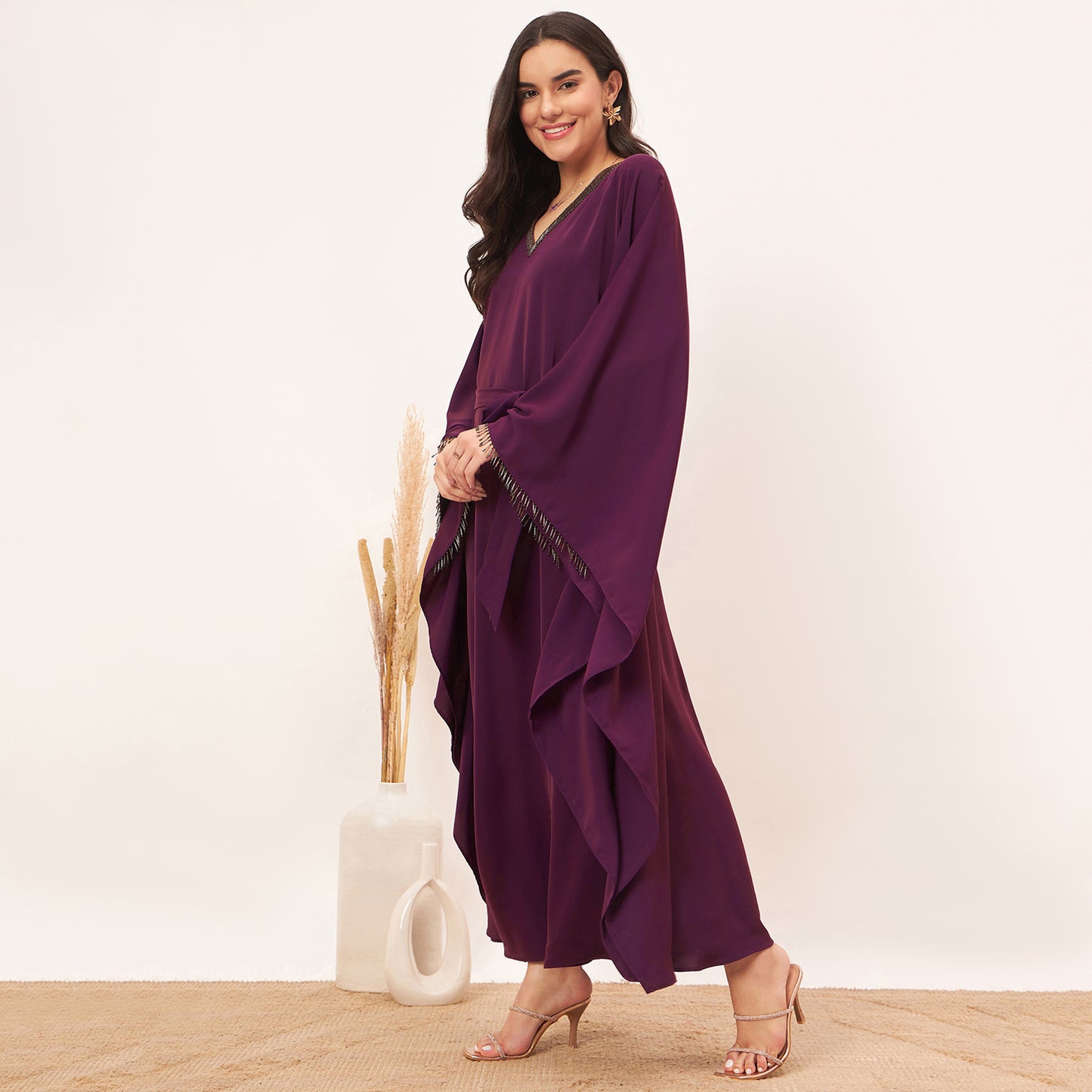 Purple Embroidered Neckline Full Length Kaftan with Belt