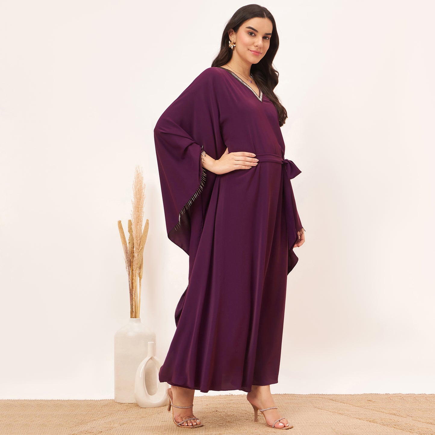 Purple Embroidered Neckline Full Length Kaftan with Belt