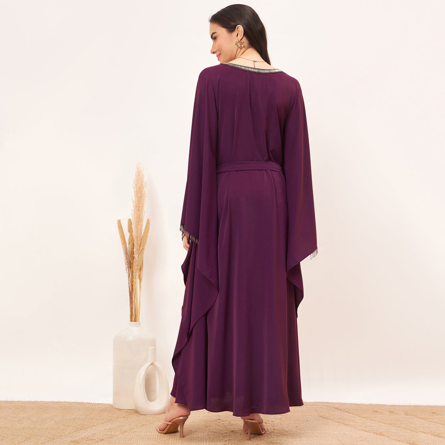 Purple Embroidered Neckline Full Length Kaftan with Belt